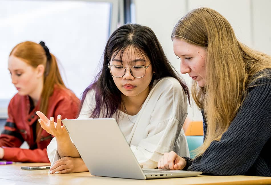 Two students discussing a project while looking at a laptop screen.