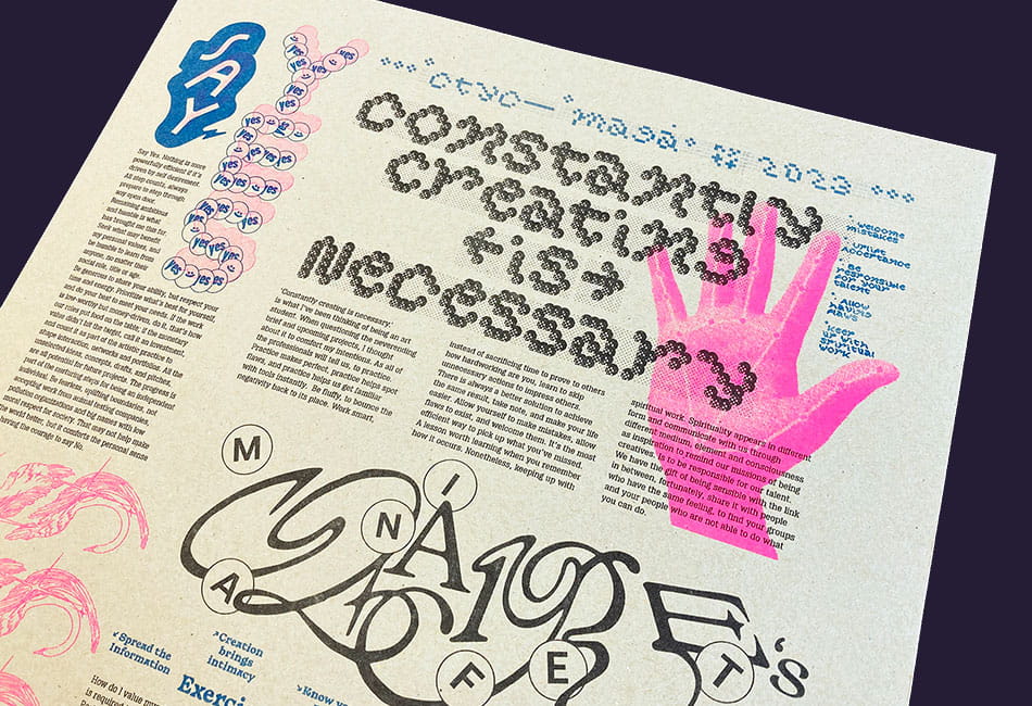 A printed piece of graphic design combining typography and illustrations