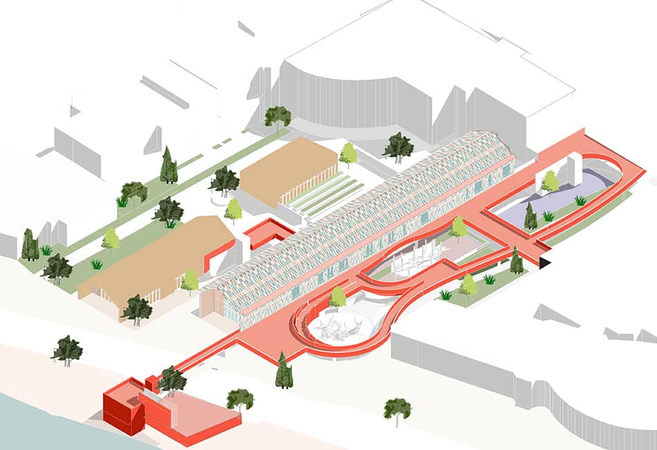 A 2D design of a construction project with buildings and trees.