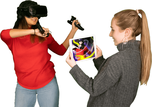Two Virtual and Extended Realities degree students with virtual reality equipment
