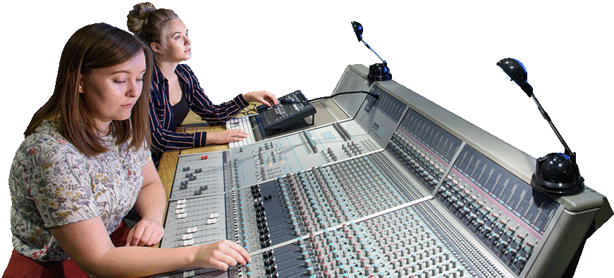 An Audio and Music Technology degree student using audio and music equipment